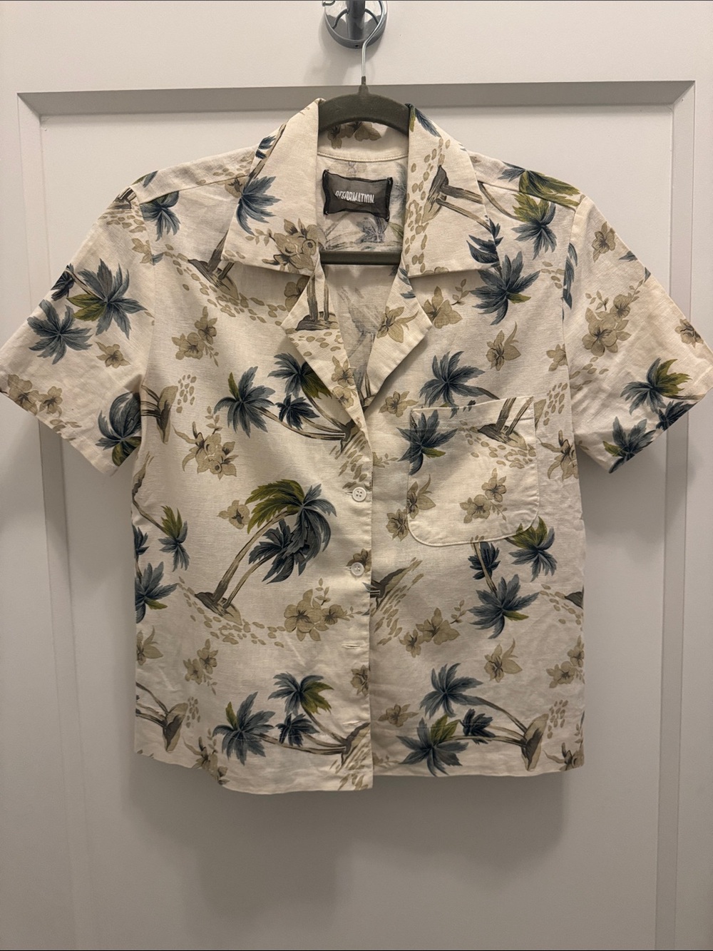 Reformation Cream Short Sleeve Button-Front Shirt with Blue & Green Palm Motif